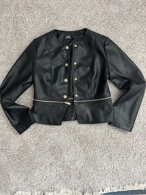 Zara Black Faux Leather Peplum Jacket with Gold Accents